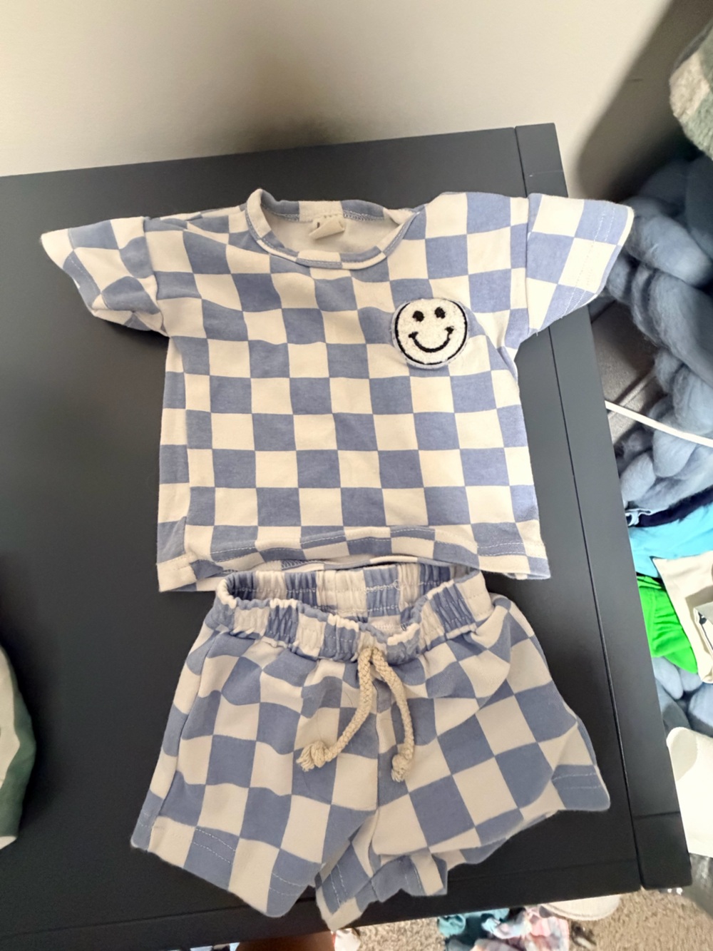 Baby Toddler Checkerboard Smiley Short Set - Light Blue & White